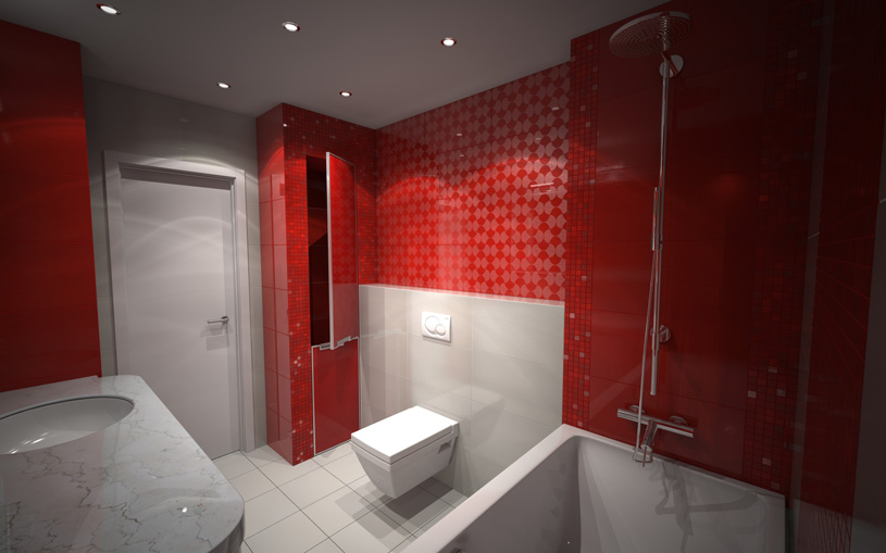 Дизайн интерьера ванной комнаты. Кафельная плитка в красных тонах