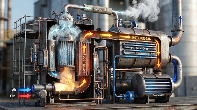 Схематическое изображение принципа работы парогенератора с рекуперацией тепла