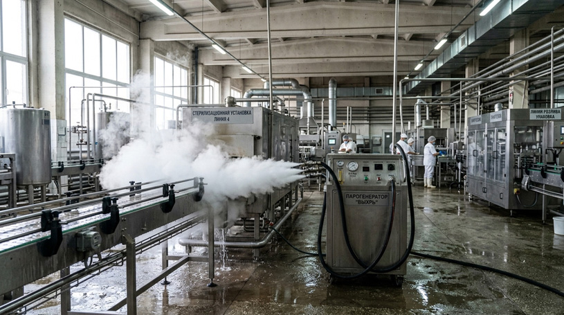 Парогенератор в пищевом цехе российского завода во время стерилизации оборудования