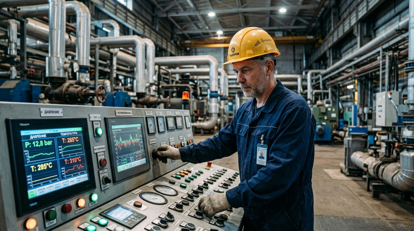 Инженер настраивает панель управления парогенератором в промышленном помещении с мониторами и датчиками