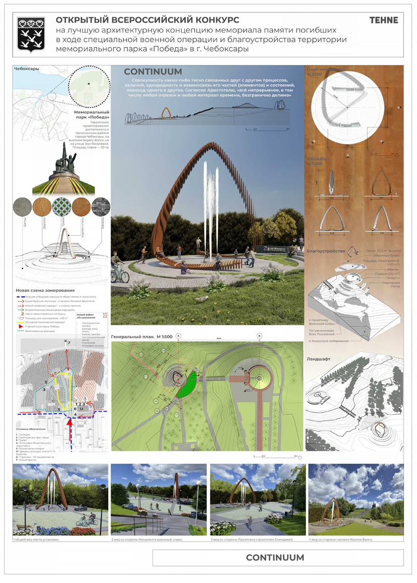 Концепция мемориала памяти погибших в ходе СВО и благоустройства территории мемориального парка «Победа» в г. Чебоксары. Девиз «Continuum». Авторский коллектив: Мендоса Р.А., Ежова М.М. (Москва)